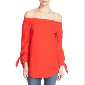 Free People - Show Me Some Shoulder Red Off the Shoulder Tie Sleeve Blouse
